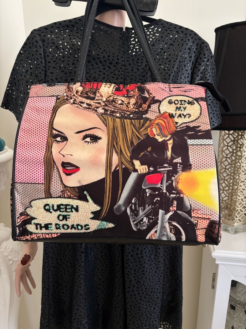 Graphic 'Queen of the Road' Pop Art Tote Bag - Black & Multi